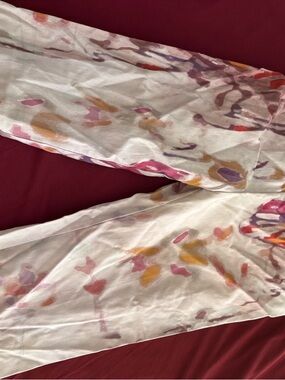 Insight White Abstract Floral Print Pants with Pink Purple and Mustard Accents